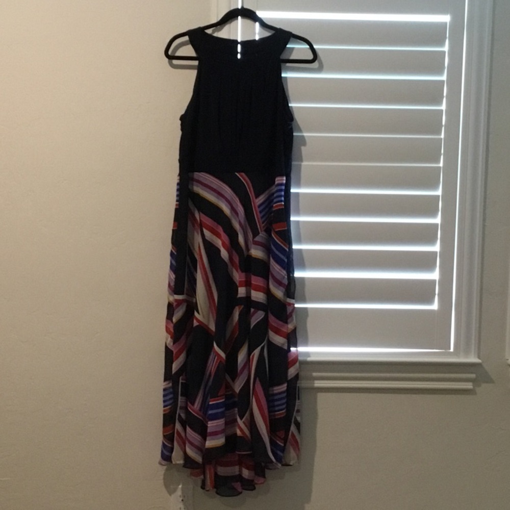 NWOT Navy Sleeveless Maxi Dress with Multicolor Stripe Skirt